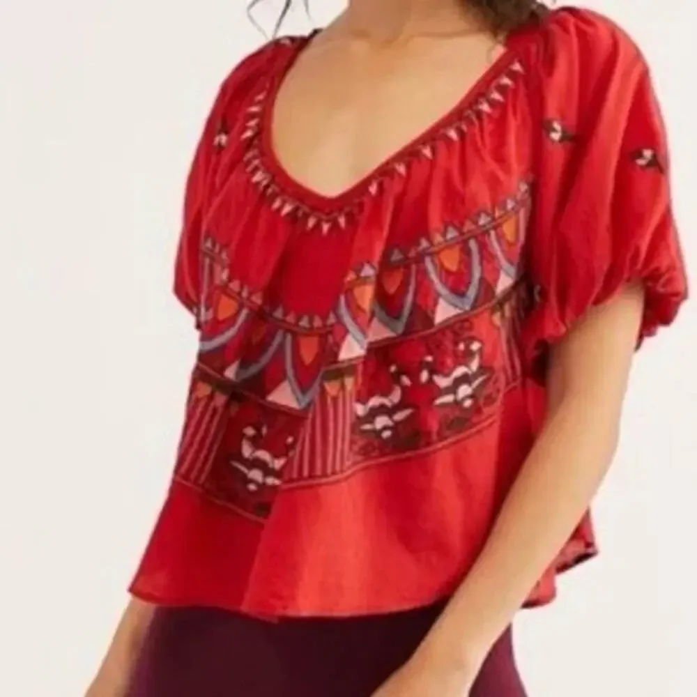 Free People Wind in Her Hair Embroidered Peasant Crop Top Red Size XS